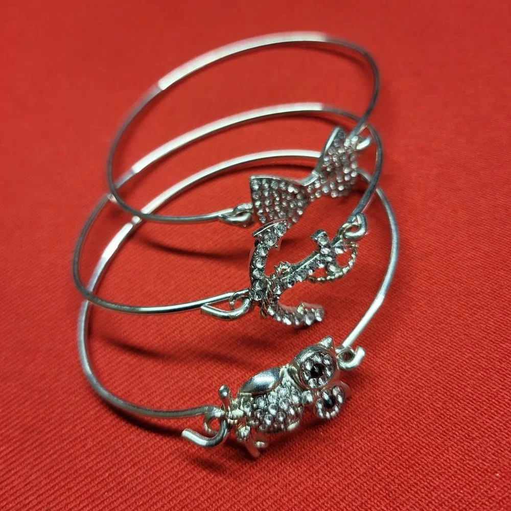 Silver Bracelet Rhinestones Anchor Ribbon Owl Set of 3